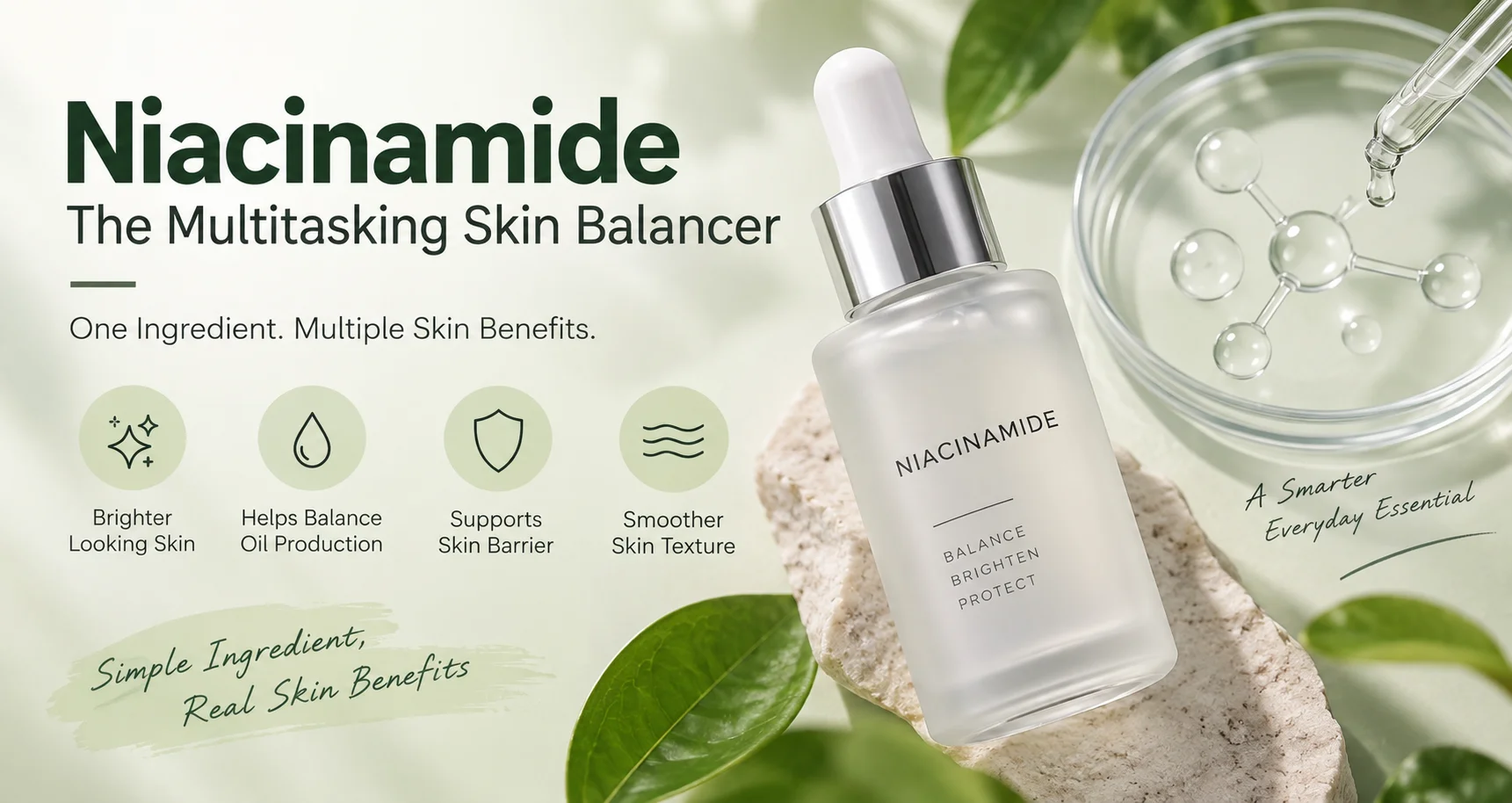 A Niacinamide serum bottle displayed with skincare benefits such as brighter skin, balanced oil production, supported skin barrier, and smoother texture alongside a petri dish and green leaves.